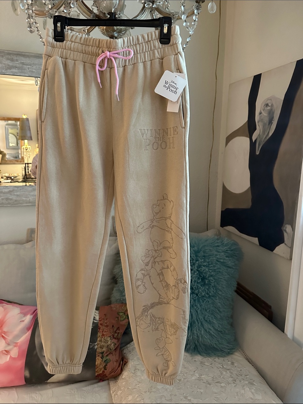 Disney Beige Winnie the Pooh Joggers with Pink Drawstring